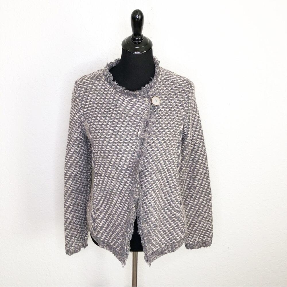 Anthropologie Angel of the North gray cream fringe trim jacket size Large